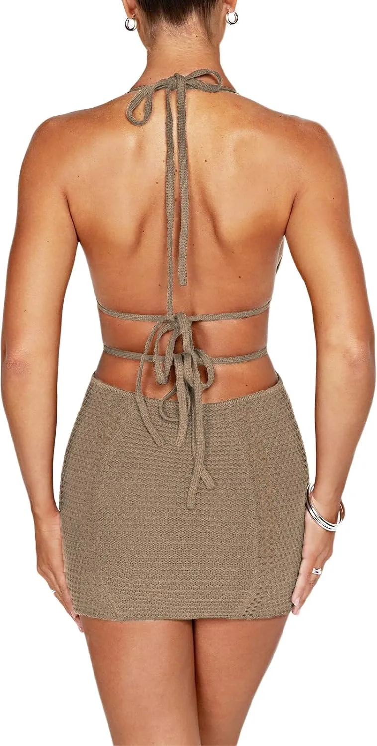 UAURORAO Women Crochet Beach Dress Halter Neck Spaghetti Strap Bodycon Boho Sundress Backless Cut Out Knit Pencil Dress