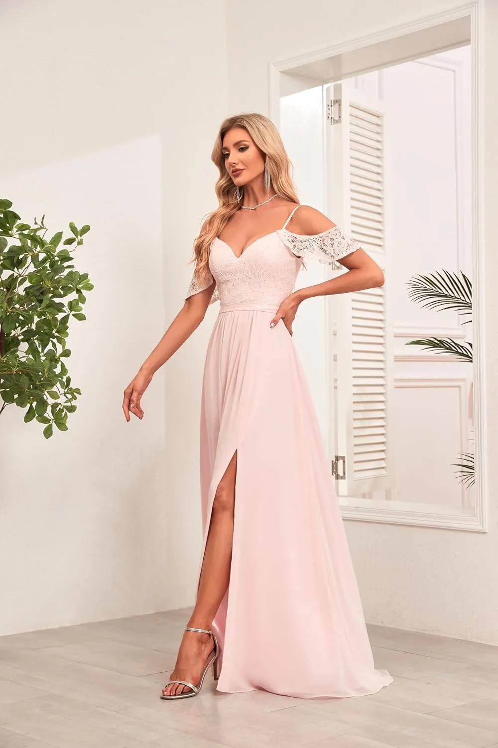V Neck Bridesmaid Dresses with Pockets A-Line Long Chiffon Formal Party Dresses with Slit HS021