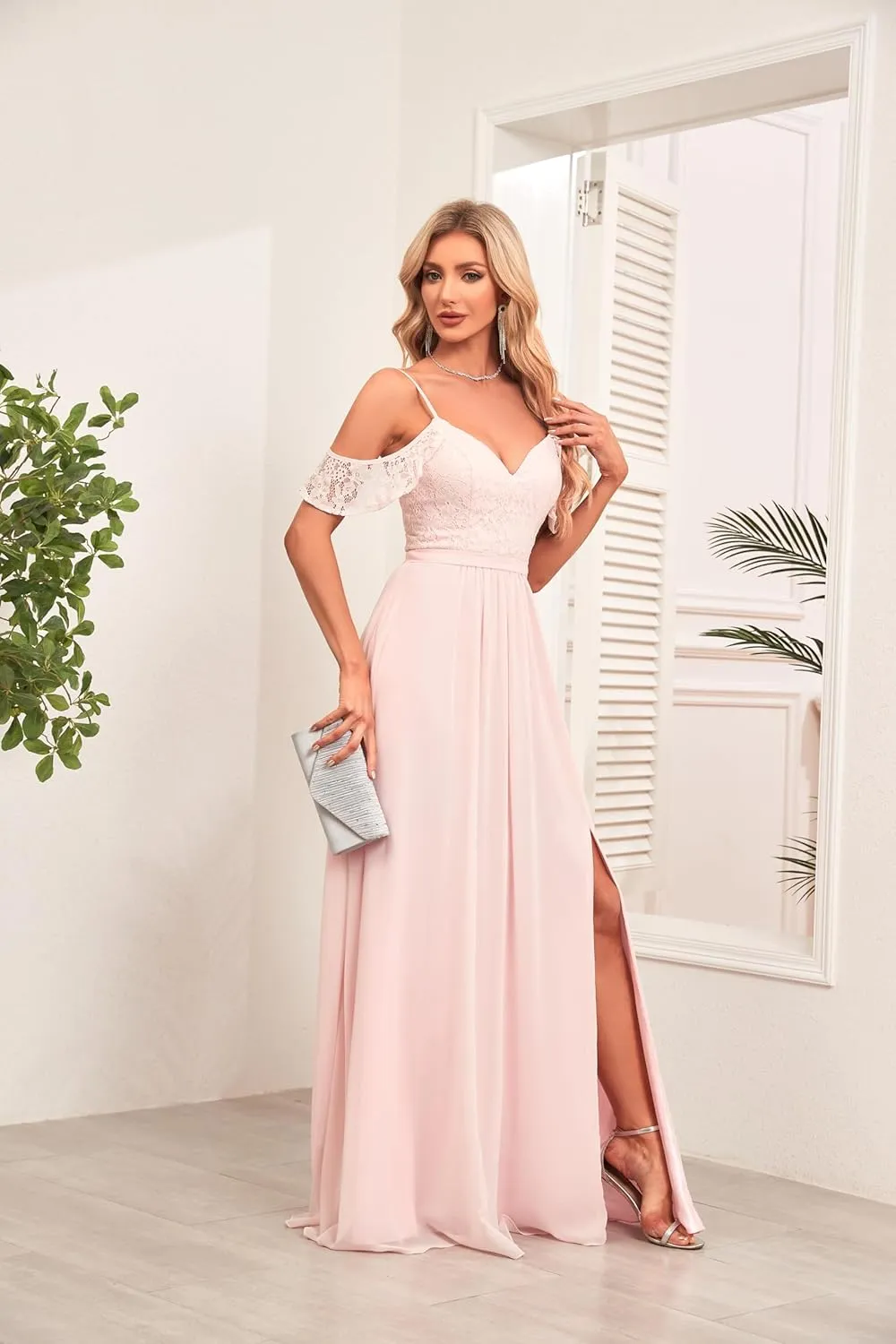 V Neck Bridesmaid Dresses with Pockets A-Line Long Chiffon Formal Party Dresses with Slit HS021
