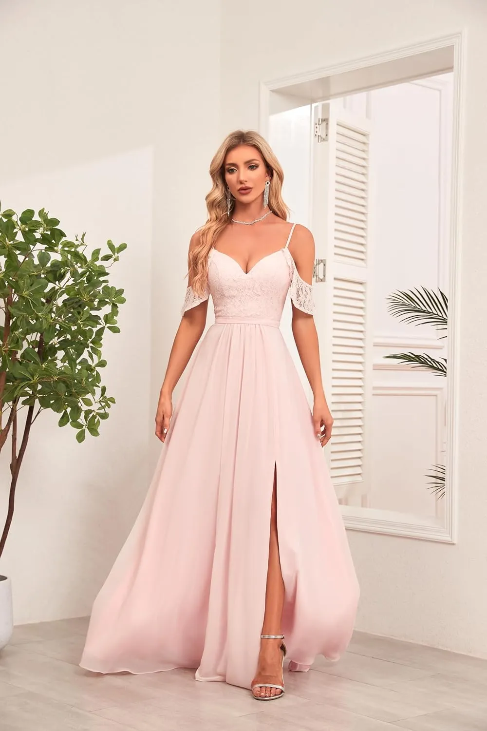 V Neck Bridesmaid Dresses with Pockets A-Line Long Chiffon Formal Party Dresses with Slit HS021
