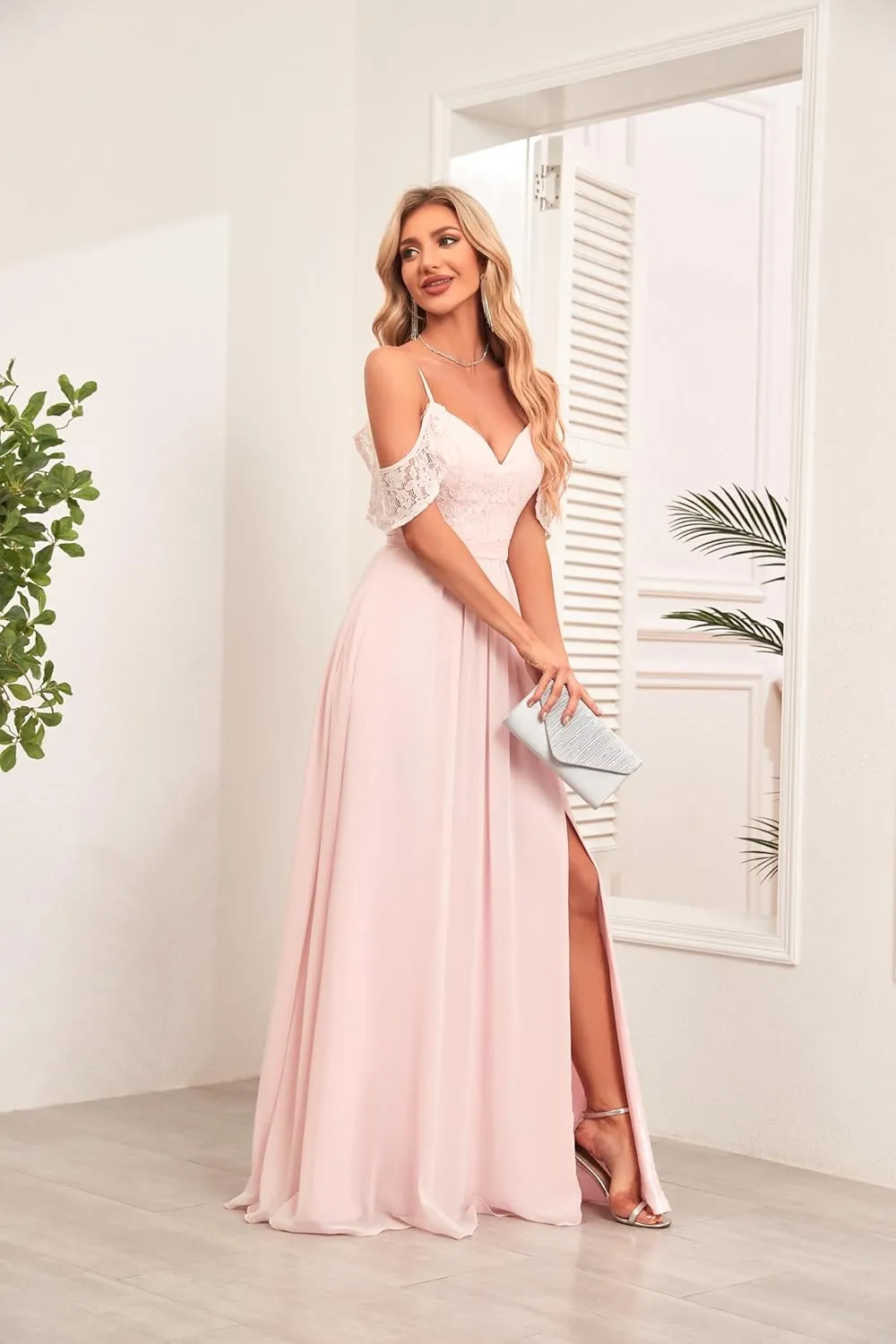 V Neck Bridesmaid Dresses with Pockets A-Line Long Chiffon Formal Party Dresses with Slit HS021