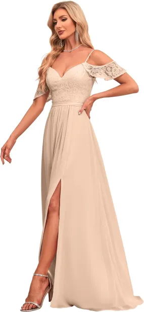 V Neck Bridesmaid Dresses with Pockets A-Line Long Chiffon Formal Party Dresses with Slit HS021