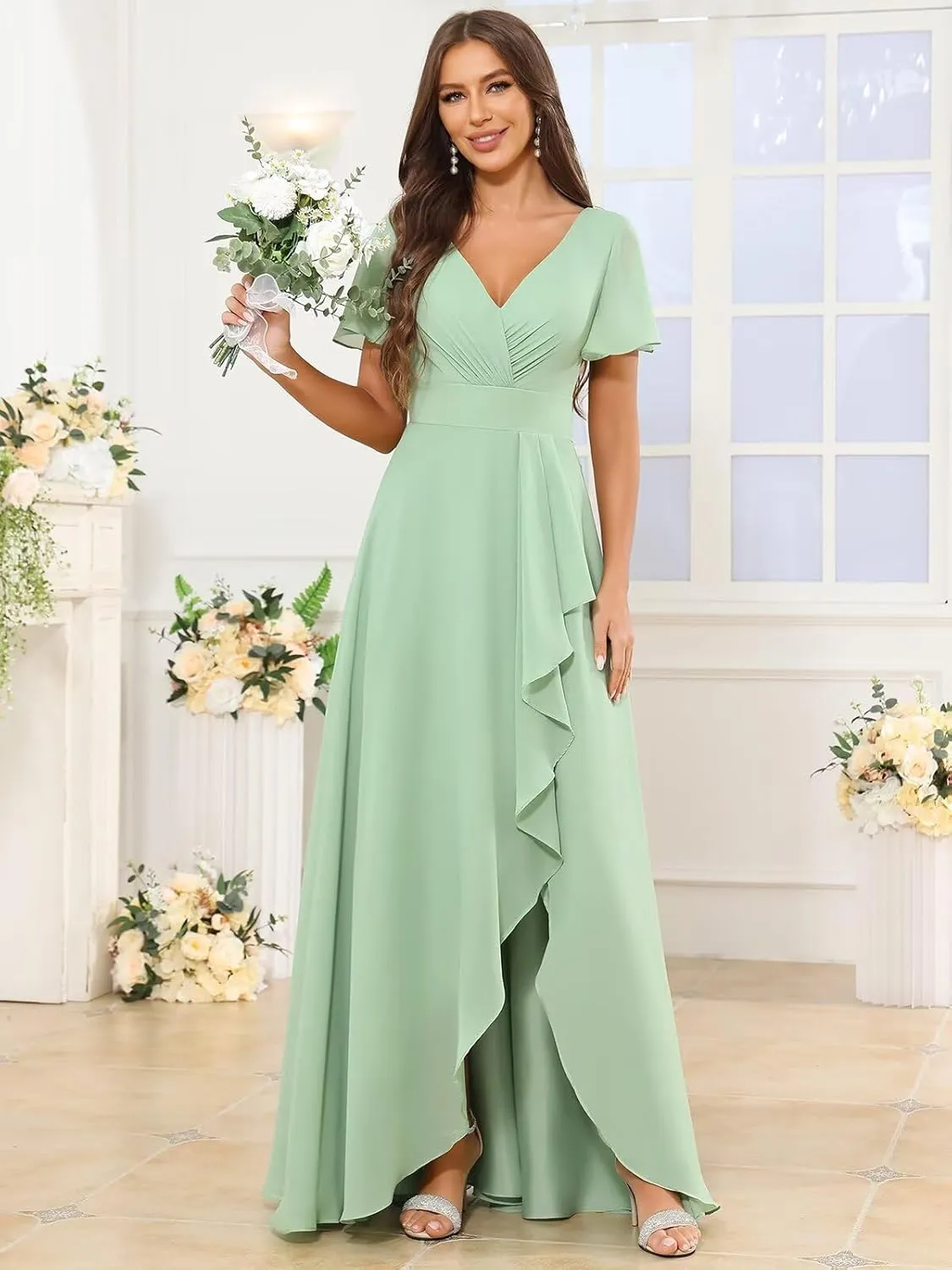 V Neck Chiffon Bridesmaid Dresses for Women Short Flutter Sleeve A Line Formal Party Dress