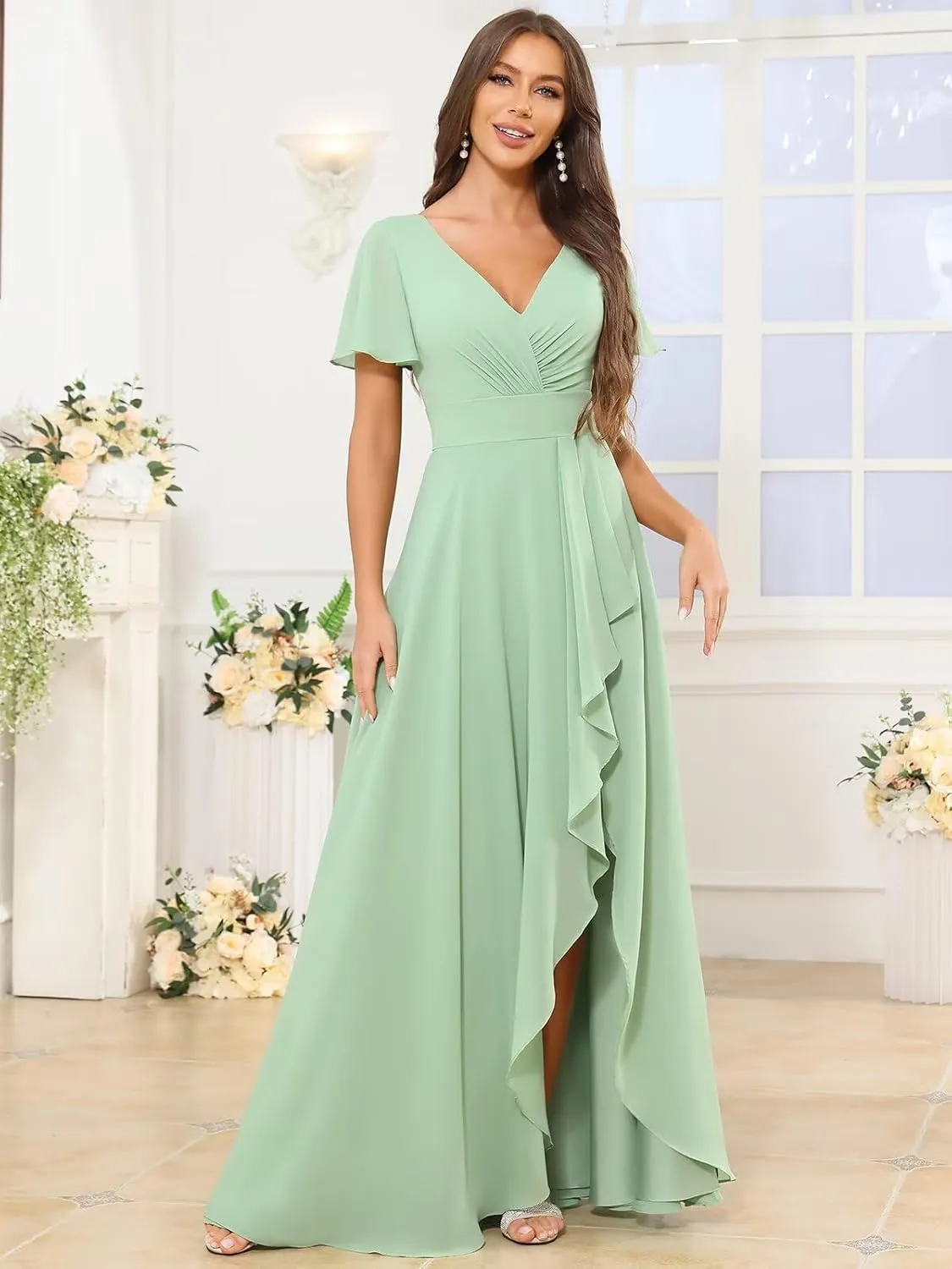 V Neck Chiffon Bridesmaid Dresses for Women Short Flutter Sleeve A Line Formal Party Dress
