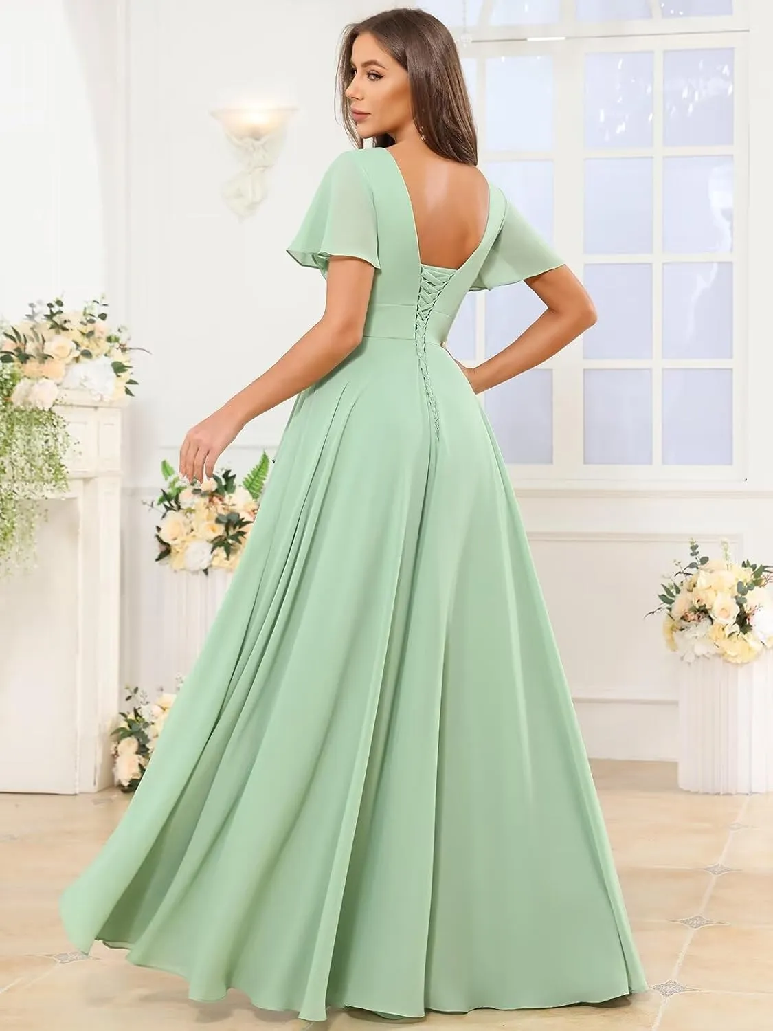 V Neck Chiffon Bridesmaid Dresses for Women Short Flutter Sleeve A Line Formal Party Dress