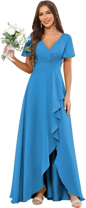 V Neck Chiffon Bridesmaid Dresses for Women Short Flutter Sleeve A Line Formal Party Dress