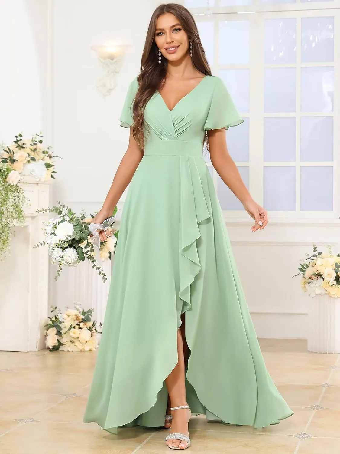 V Neck Chiffon Bridesmaid Dresses for Women Short Flutter Sleeve A Line Formal Party Dress