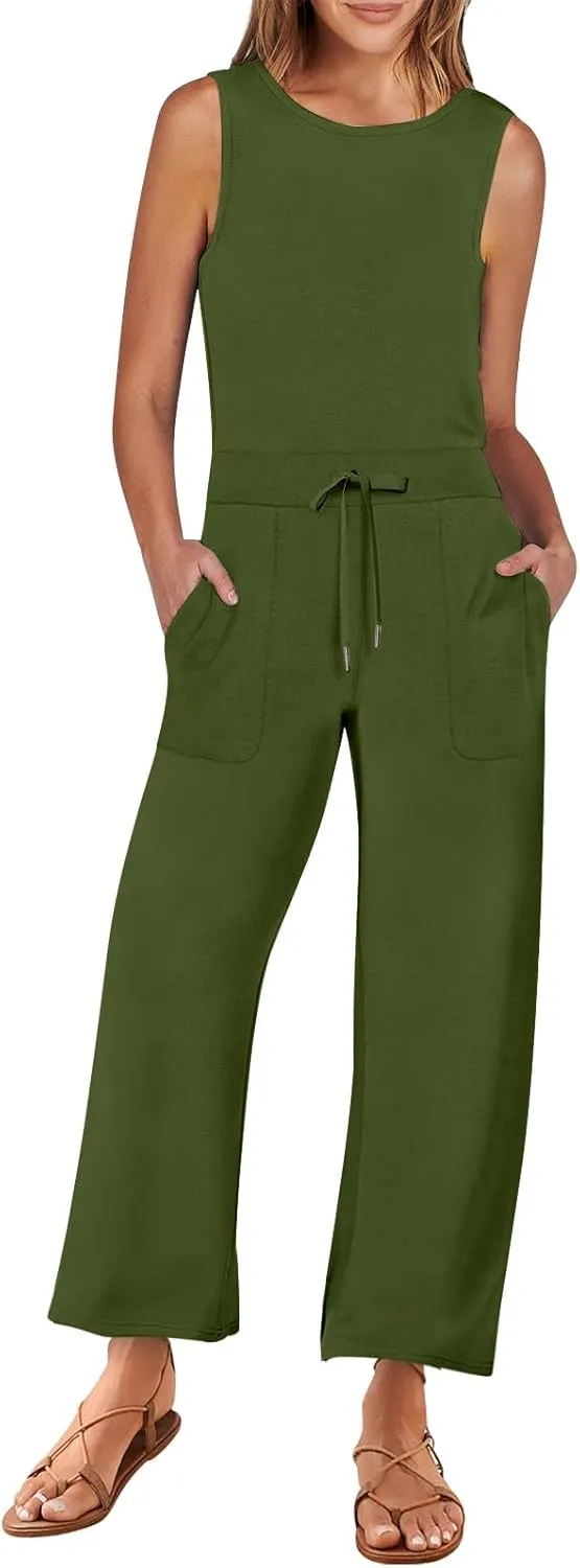 Versatile Jumpsuit Ladies Sleeveless Dressy Casual Solid Color Fashion Long Rompers Rompers Summer Trendy