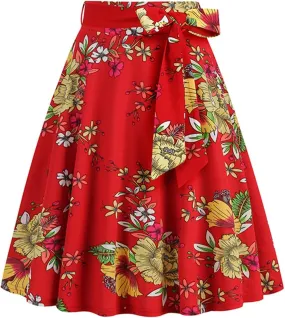 Vintage Floral Skirts for Women High Waist A Line Midi Skirt Pleated Flare Lace Up Mini Skirts Ladies Half Dress