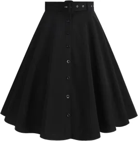 Vintage Midi Skirts for Women Solid Color High Waist Button Front Knee Length A-Line Skirt