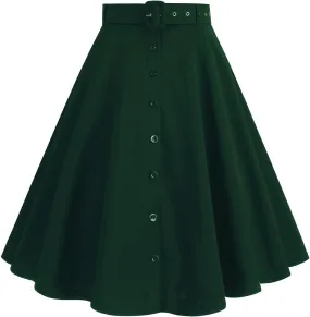 Vintage Midi Skirts for Women Solid Color High Waist Button Front Knee Length A-Line Skirt