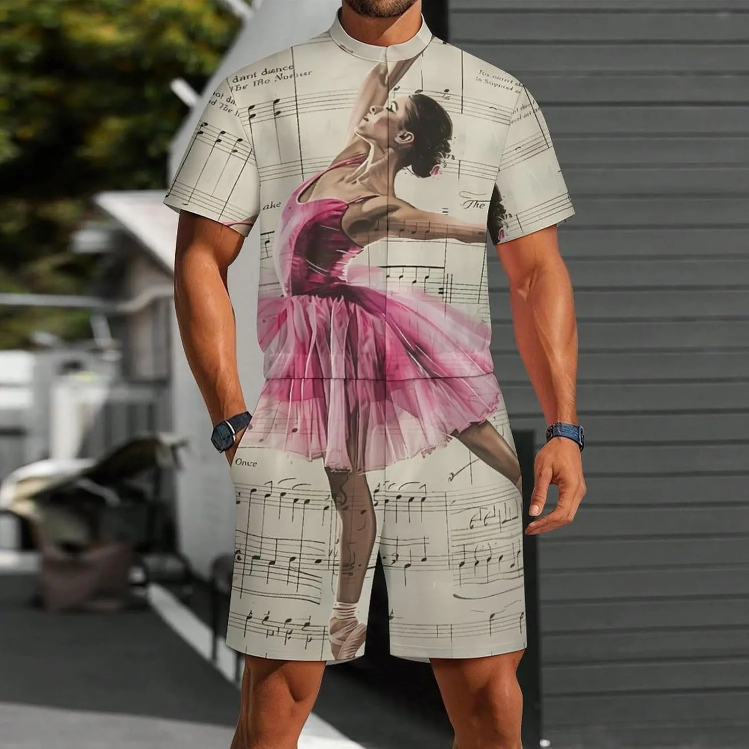 Vintage Music Art Ballet Girl Mens Short Sleeve Rompers Printed Slim Fit One Piece Jumpsuit with Pocket