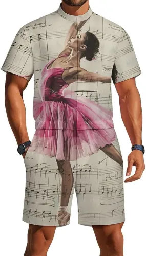 Vintage Music Art Ballet Girl Mens Short Sleeve Rompers Printed Slim Fit One Piece Jumpsuit with Pocket