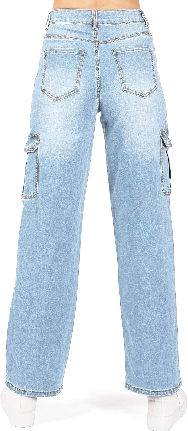 WAX JEAN Womens Juniors Wide Leg Cargo Carpenter Jeans