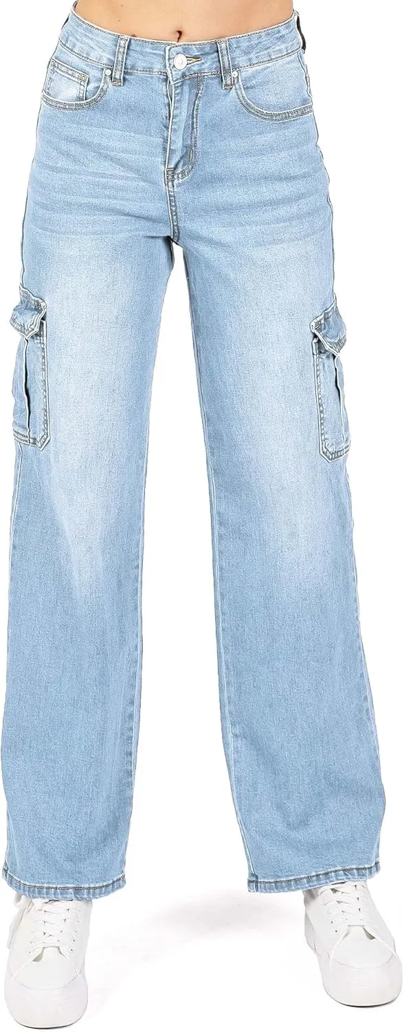 WAX JEAN Womens Juniors Wide Leg Cargo Carpenter Jeans