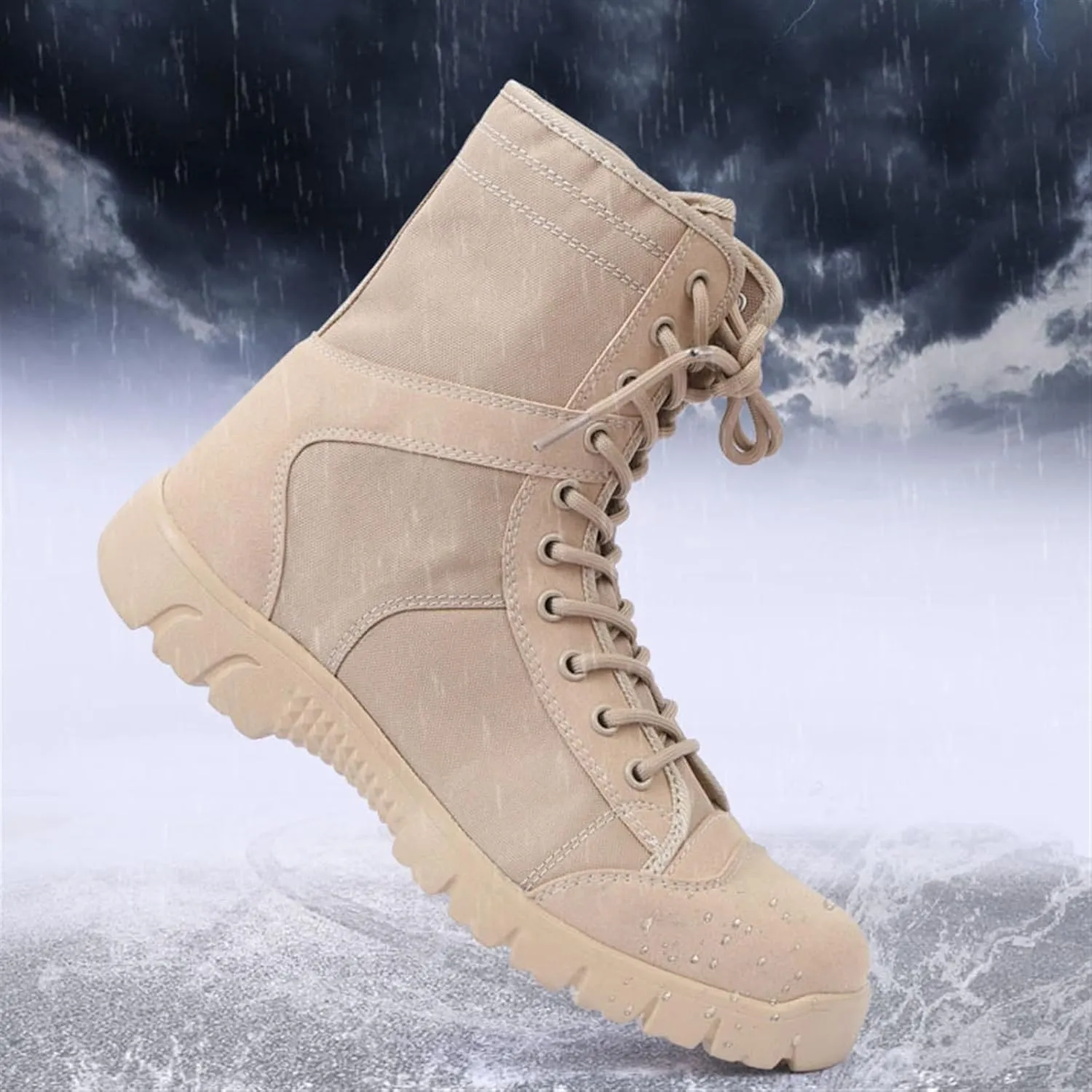 Wcxixo Mens Waterproof Non Slip Breathable Combat Boots, Men's Canvas High Top Side Zipper Lace Up Hiking Outdoor Tactical Boots, Durable Army Patrol Boots Lightweight