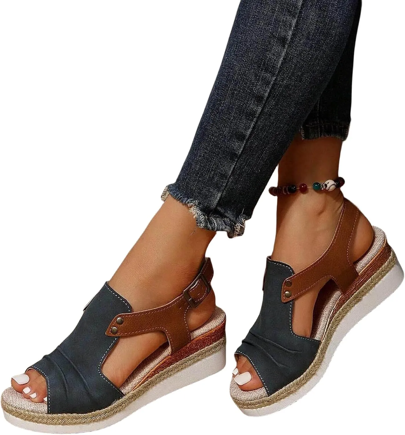 Wedge Sandals for Women Comfortable Low Heel Orthopedic Espadrilles Open Toe Summer Dressy Flat Sandal Wide Width Ankle Strap Casual Slip on Beach Sandals Comfortable Boho Outdoor Espadrilles Shoes