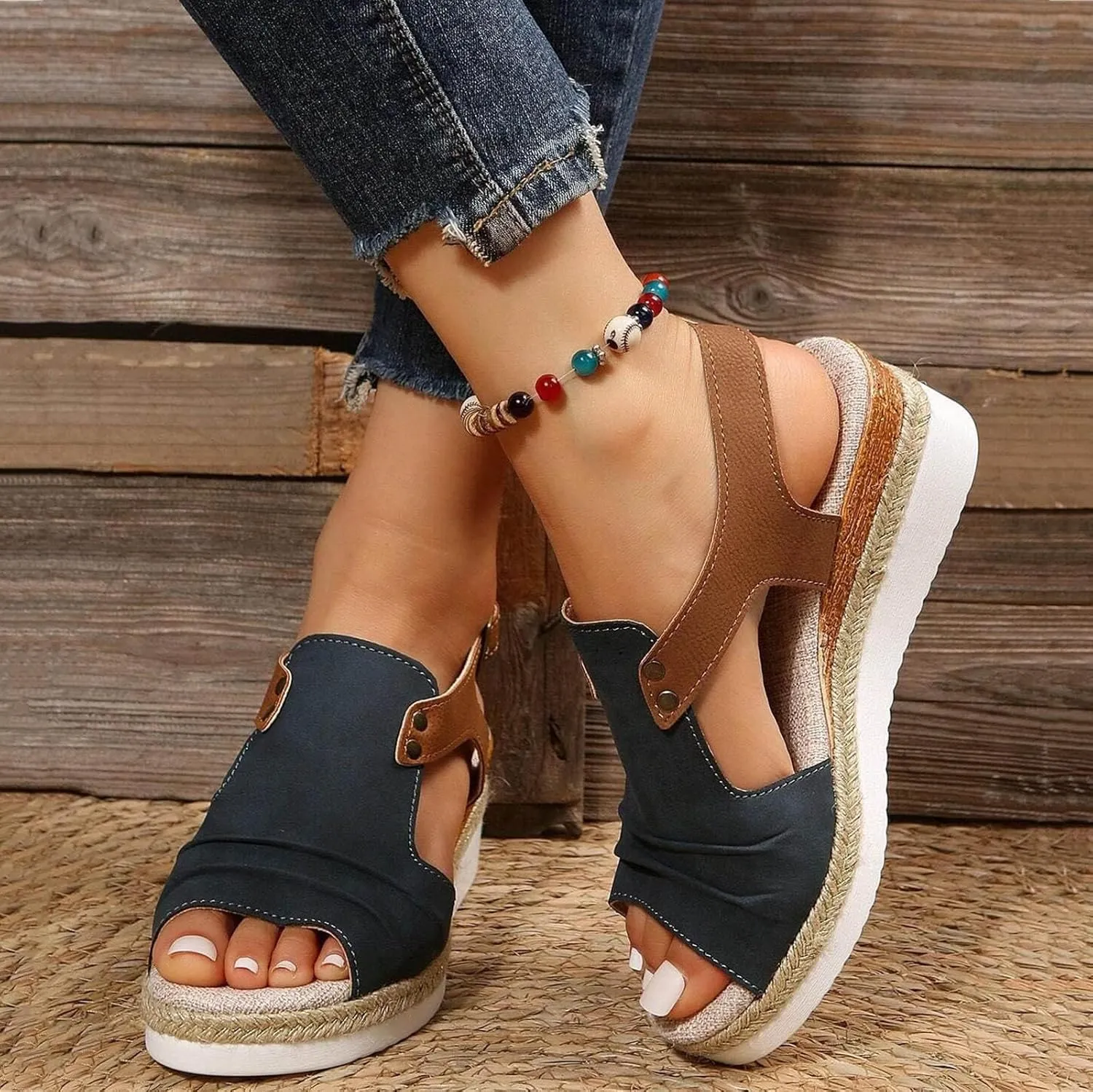 Wedge Sandals for Women Comfortable Low Heel Orthopedic Espadrilles Open Toe Summer Dressy Flat Sandal Wide Width Ankle Strap Casual Slip on Beach Sandals Comfortable Boho Outdoor Espadrilles Shoes