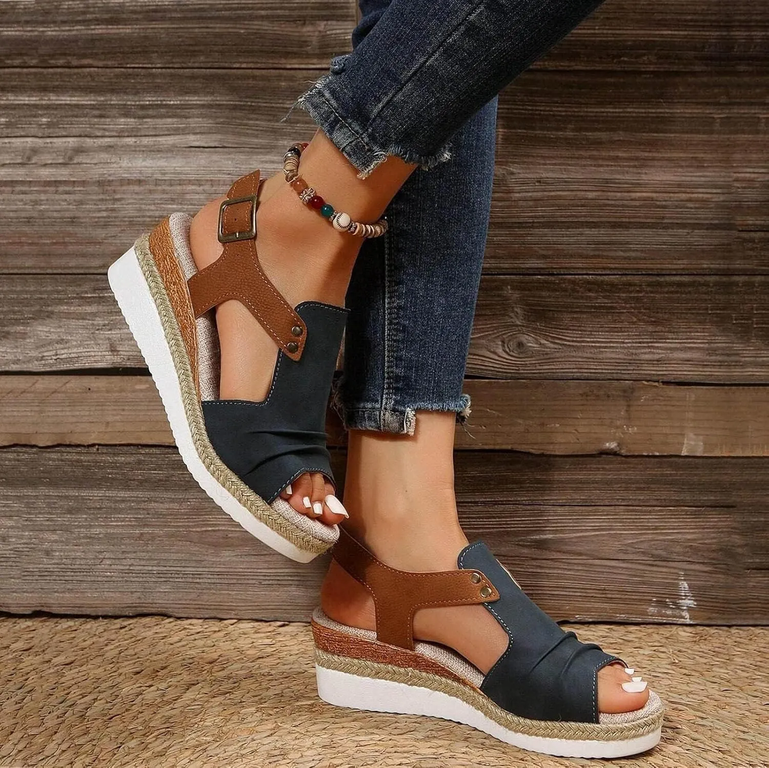 Wedge Sandals for Women Comfortable Low Heel Orthopedic Espadrilles Open Toe Summer Dressy Flat Sandal Wide Width Ankle Strap Casual Slip on Beach Sandals Comfortable Boho Outdoor Espadrilles Shoes