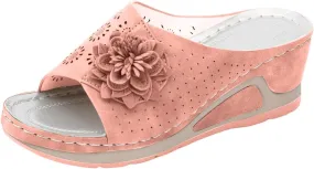 Wedge Sandals for Women Hollow Out Slip On Platform Wedge Sandals with Arch Support Flower Summer Dressy Low Heel Damping Sole Casual Walking Shoes Comfortable Beach Wedges Slippers