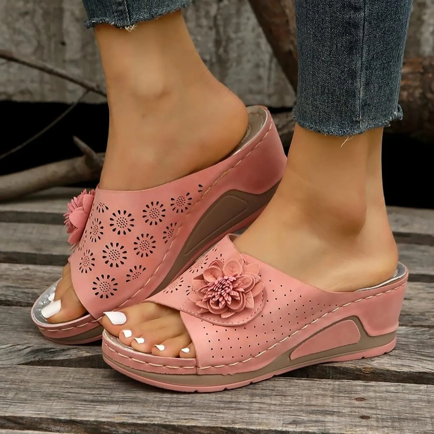 Wedge Sandals for Women Hollow Out Slip On Platform Wedge Sandals with Arch Support Flower Summer Dressy Low Heel Damping Sole Casual Walking Shoes Comfortable Beach Wedges Slippers