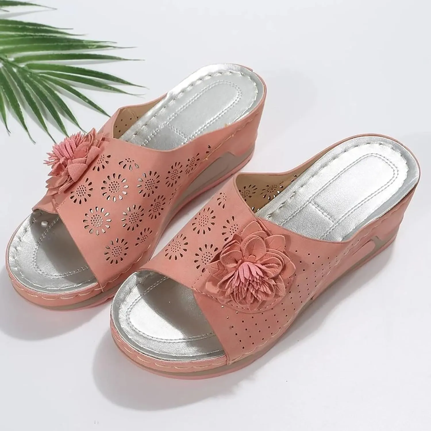 Wedge Sandals for Women Hollow Out Slip On Platform Wedge Sandals with Arch Support Flower Summer Dressy Low Heel Damping Sole Casual Walking Shoes Comfortable Beach Wedges Slippers