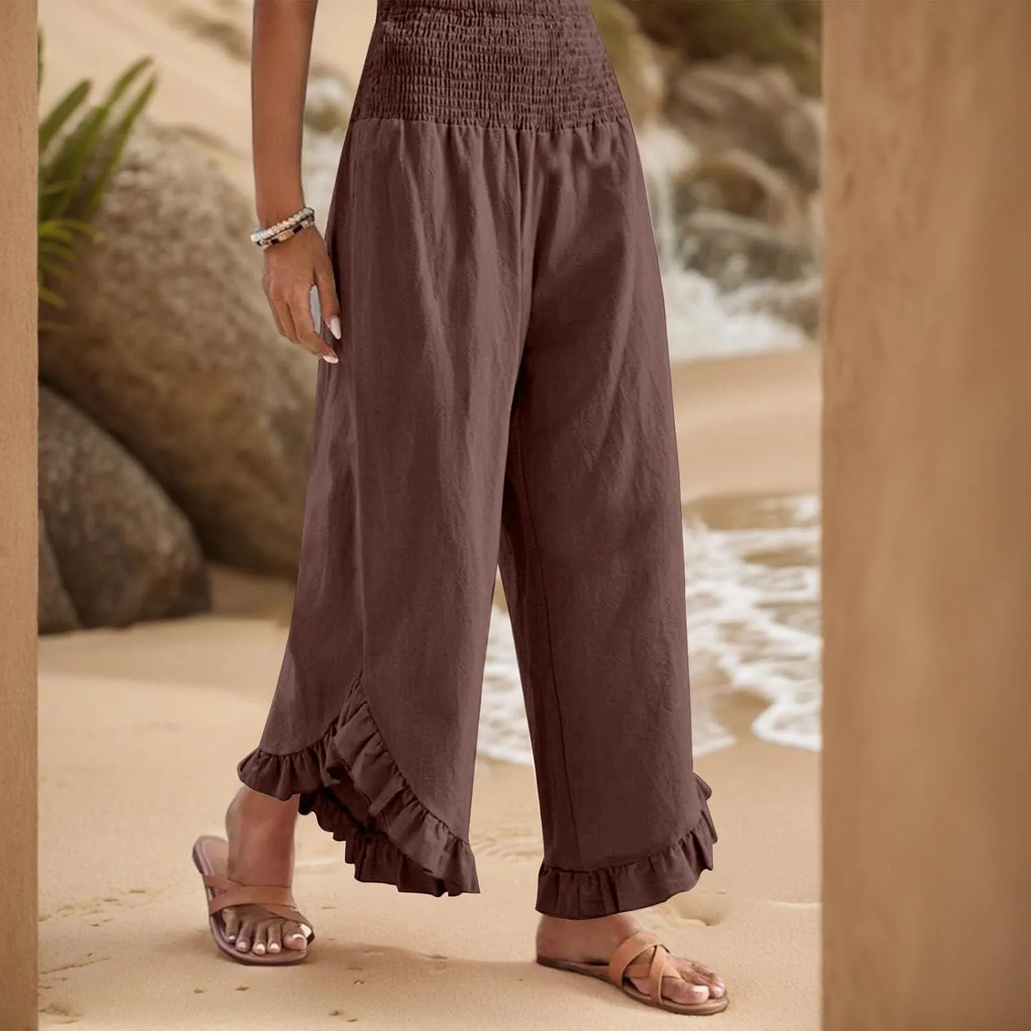 Wide Leg Womens Business Casual Pants Linen Flowy Elastic Waistd Palazzo Pants Trendy Solid Smocked Ruffle Hem Clothes