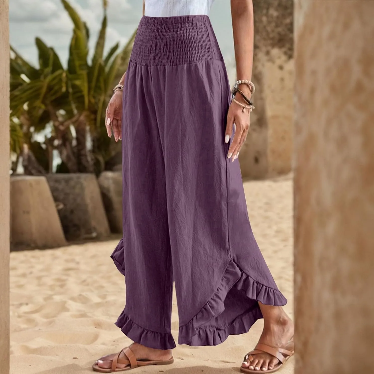 Wide Leg Womens Business Casual Pants Linen Flowy Elastic Waistd Palazzo Pants Trendy Solid Smocked Ruffle Hem Clothes
