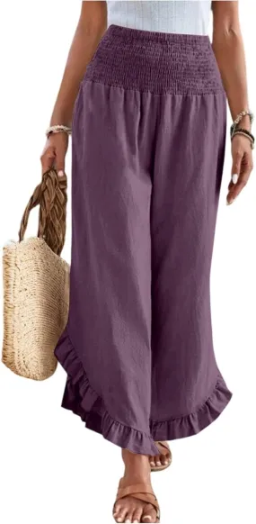Wide Leg Womens Business Casual Pants Linen Flowy Elastic Waistd Palazzo Pants Trendy Solid Smocked Ruffle Hem Clothes