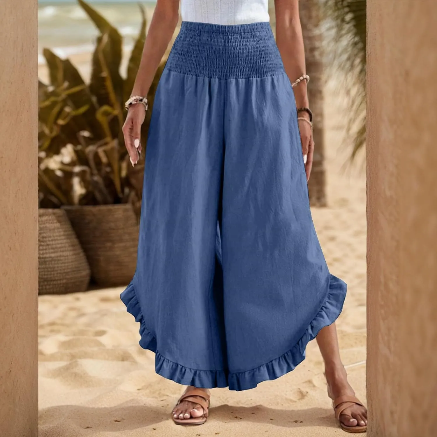 Wide Leg Womens Business Casual Pants Linen Flowy Elastic Waistd Palazzo Pants Trendy Solid Smocked Ruffle Hem Clothes