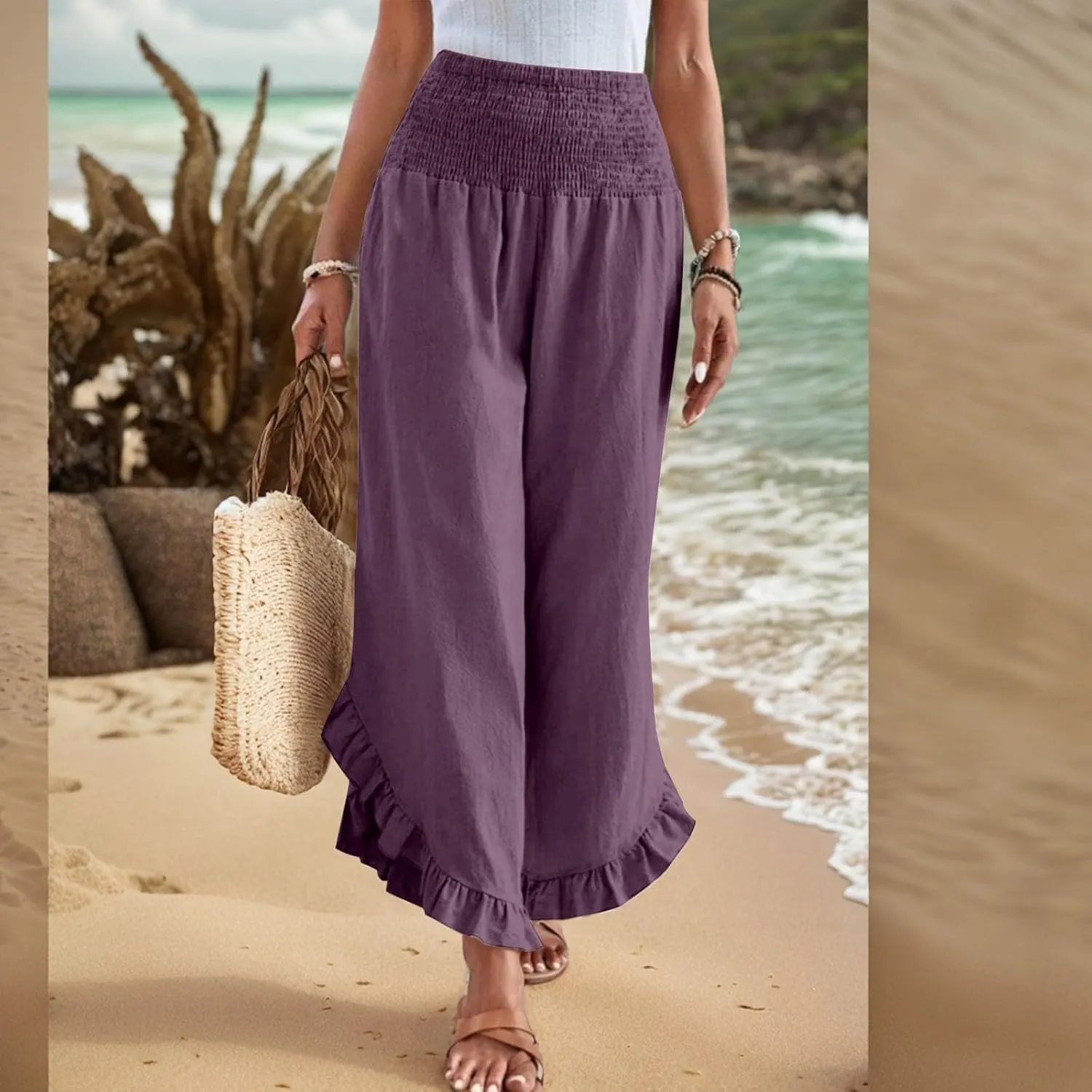 Wide Leg Womens Business Casual Pants Linen Flowy Elastic Waistd Palazzo Pants Trendy Solid Smocked Ruffle Hem Clothes