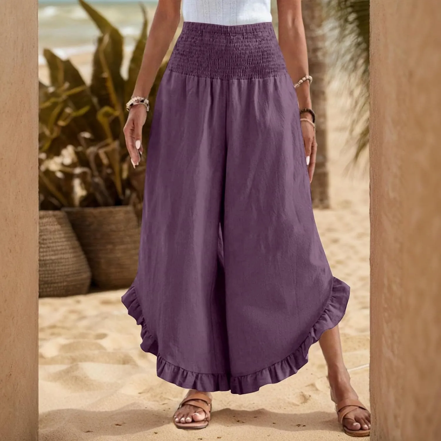 Wide Leg Womens Business Casual Pants Linen Flowy Elastic Waistd Palazzo Pants Trendy Solid Smocked Ruffle Hem Clothes