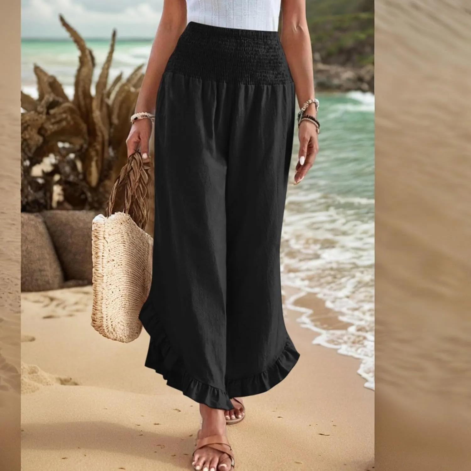 Wide Leg Womens Business Casual Pants Linen Flowy Elastic Waistd Palazzo Pants Trendy Solid Smocked Ruffle Hem Clothes