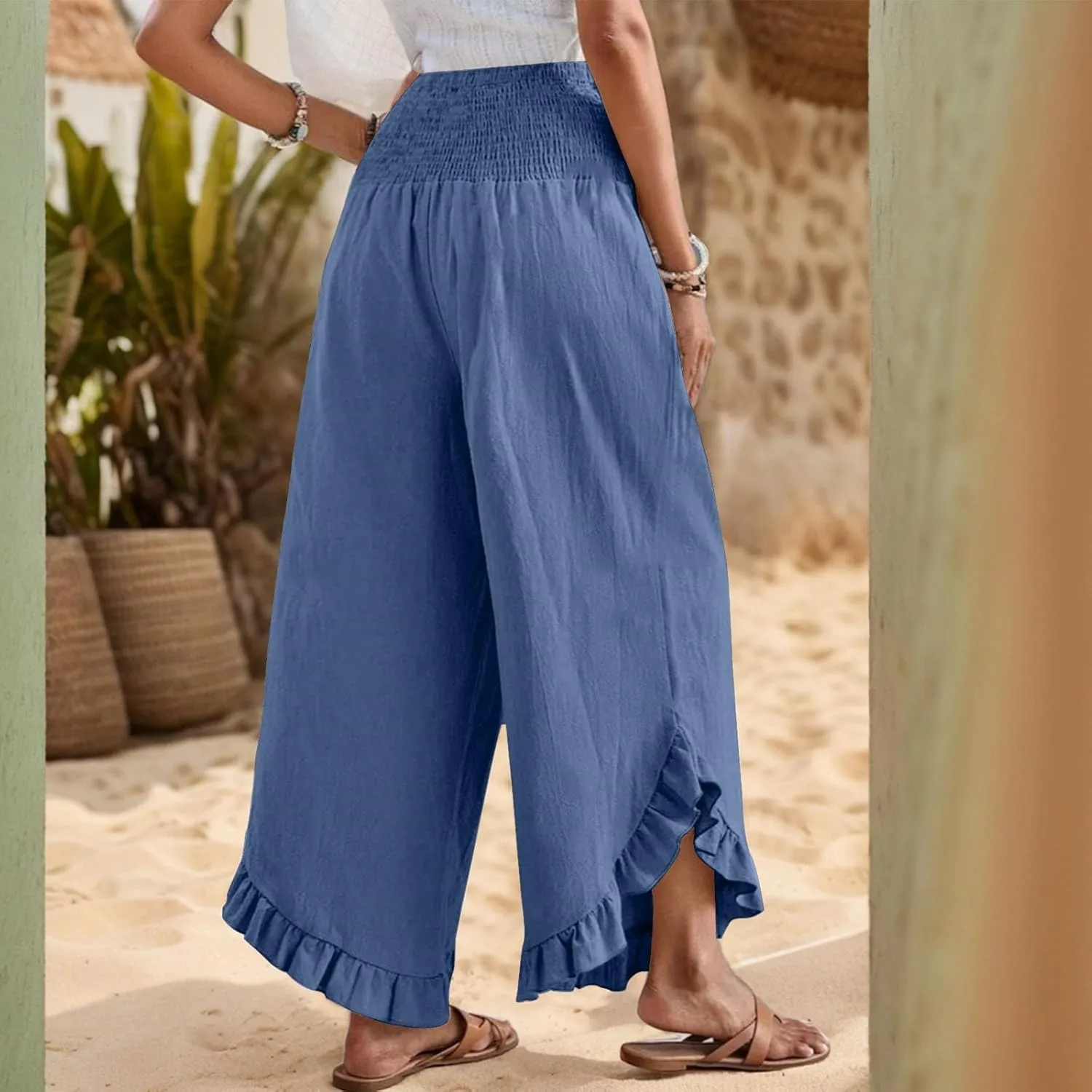 Wide Leg Womens Business Casual Pants Linen Flowy Elastic Waistd Palazzo Pants Trendy Solid Smocked Ruffle Hem Clothes