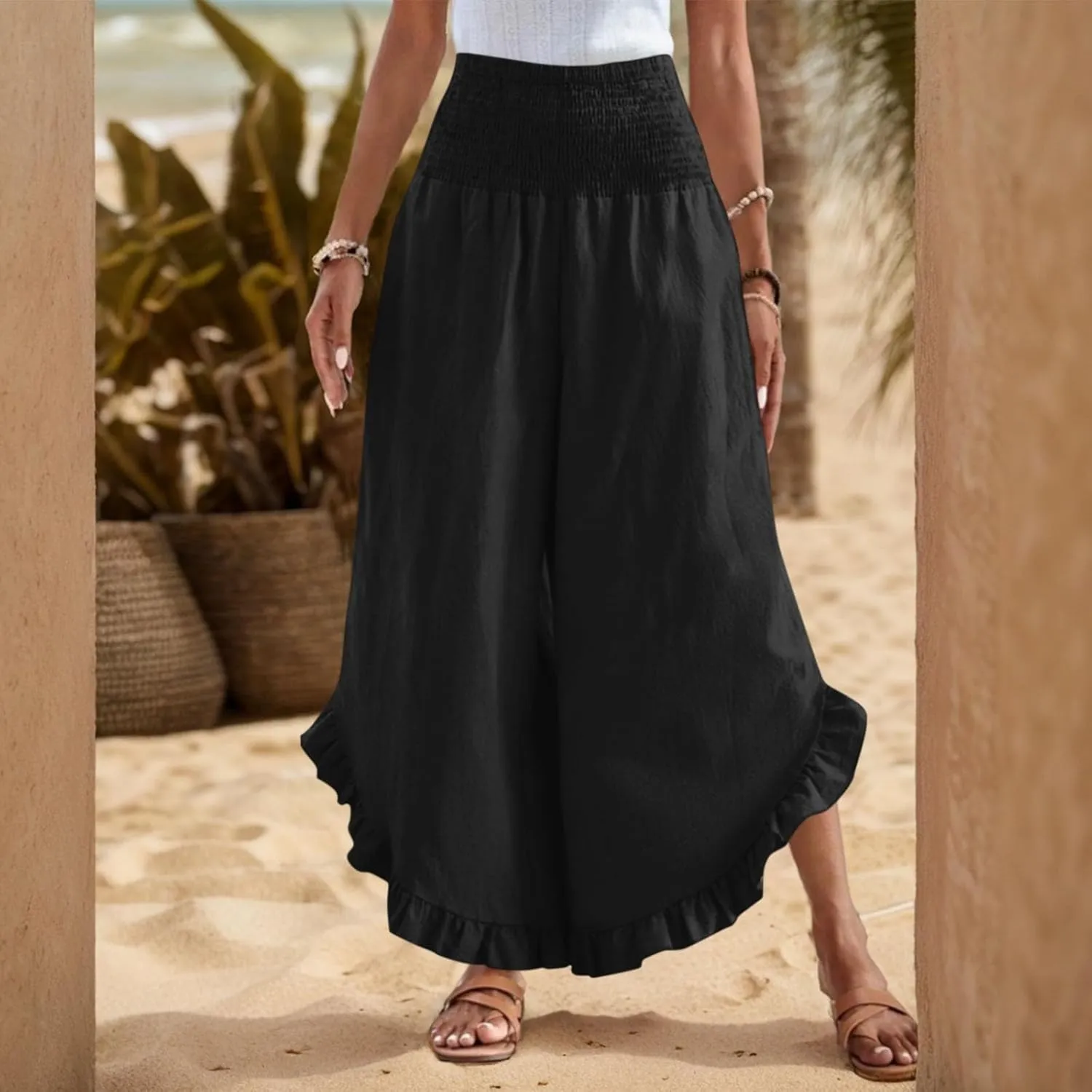Wide Leg Womens Business Casual Pants Linen Flowy Elastic Waistd Palazzo Pants Trendy Solid Smocked Ruffle Hem Clothes