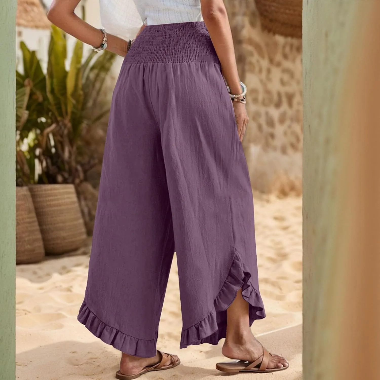 Wide Leg Womens Business Casual Pants Linen Flowy Elastic Waistd Palazzo Pants Trendy Solid Smocked Ruffle Hem Clothes