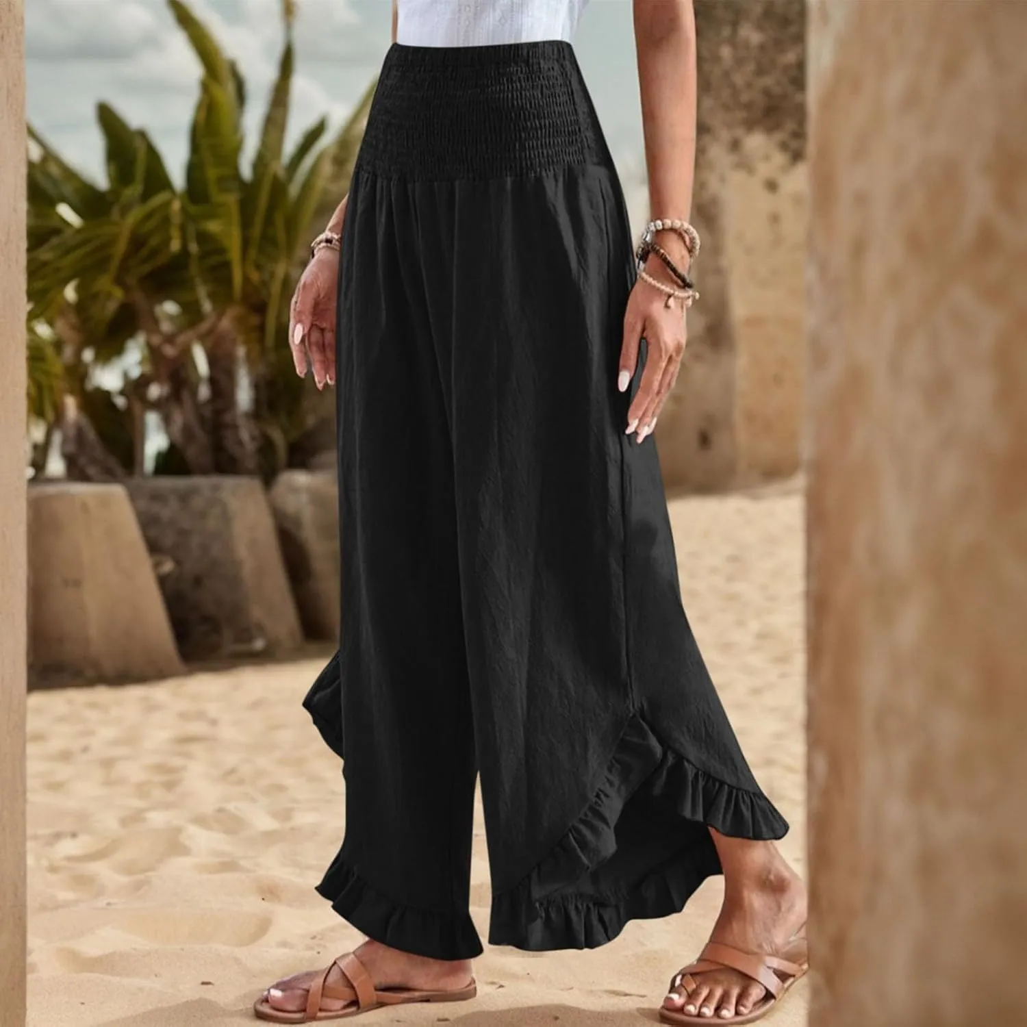 Wide Leg Womens Business Casual Pants Linen Flowy Elastic Waistd Palazzo Pants Trendy Solid Smocked Ruffle Hem Clothes
