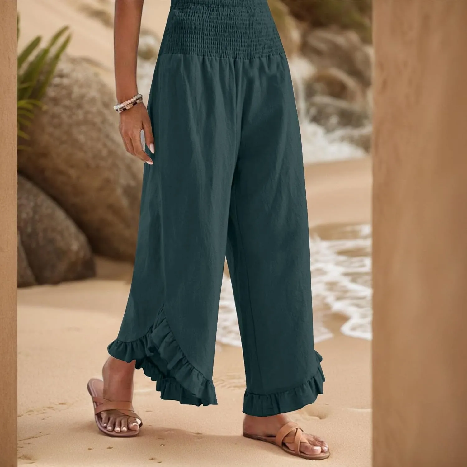 Wide Leg Womens Business Casual Pants Linen Flowy Elastic Waistd Palazzo Pants Trendy Solid Smocked Ruffle Hem Clothes