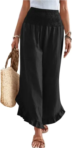 Wide Leg Womens Business Casual Pants Linen Flowy Elastic Waistd Palazzo Pants Trendy Solid Smocked Ruffle Hem Clothes