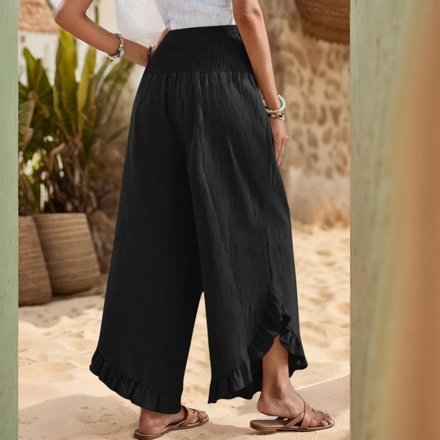 Wide Leg Womens Business Casual Pants Linen Flowy Elastic Waistd Palazzo Pants Trendy Solid Smocked Ruffle Hem Clothes