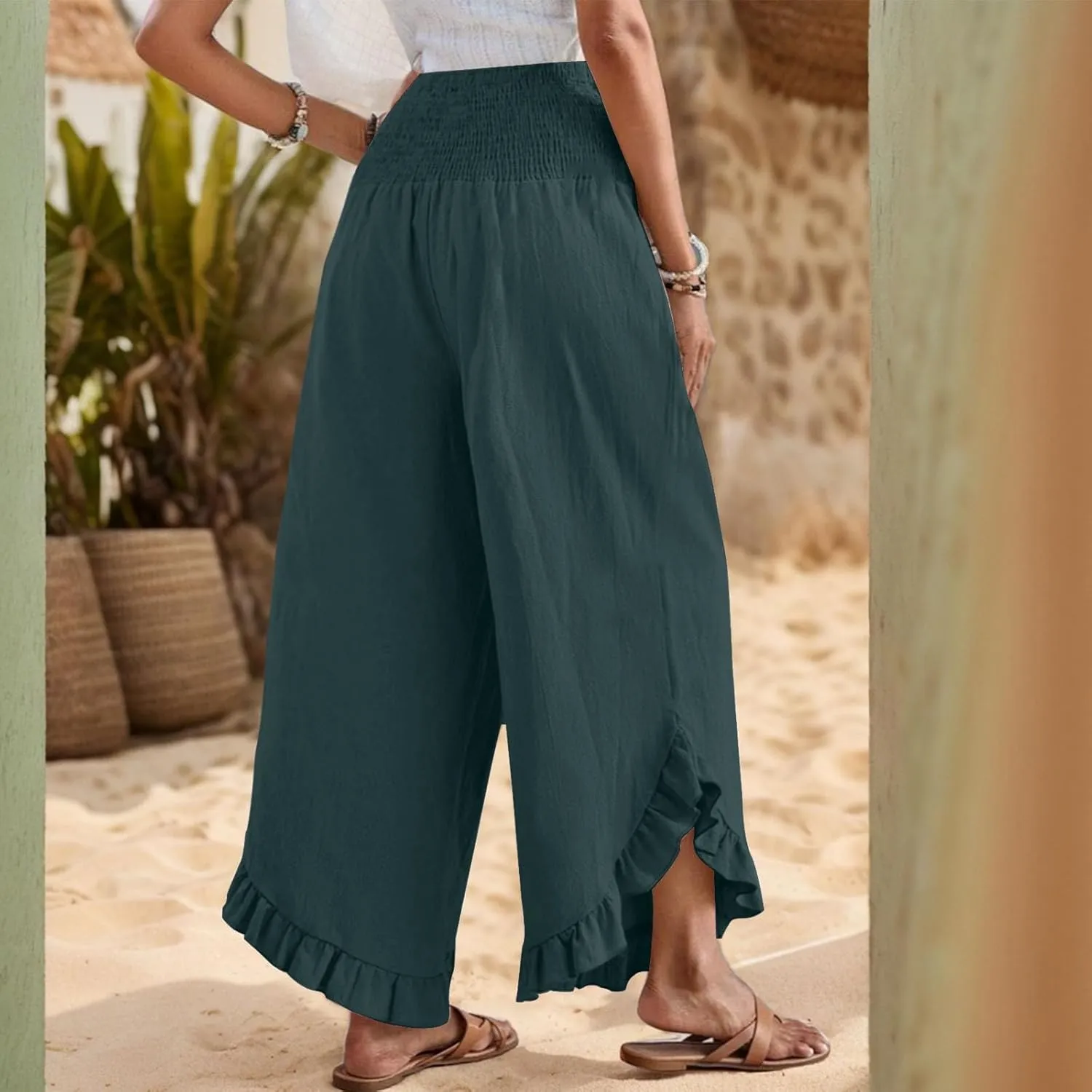 Wide Leg Womens Business Casual Pants Linen Flowy Elastic Waistd Palazzo Pants Trendy Solid Smocked Ruffle Hem Clothes