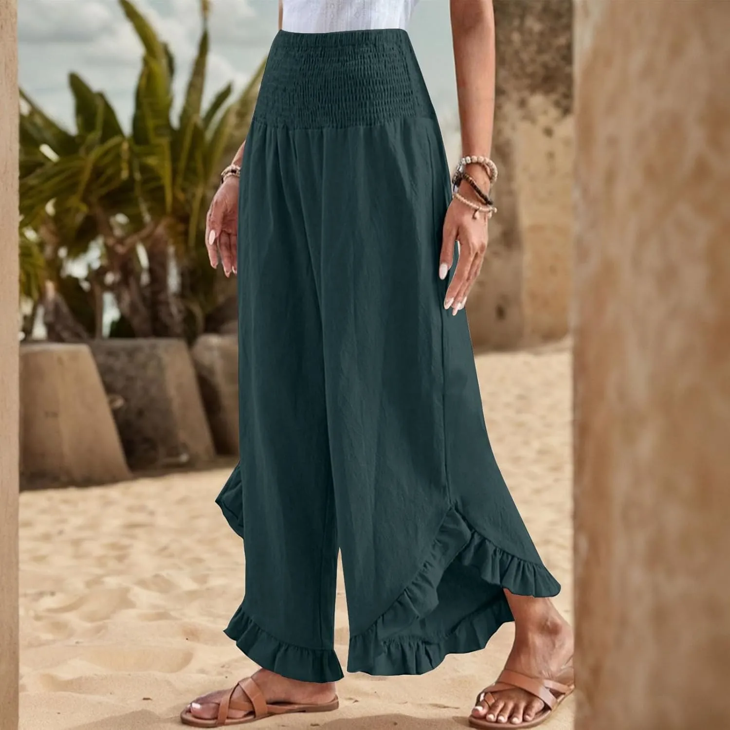 Wide Leg Womens Business Casual Pants Linen Flowy Elastic Waistd Palazzo Pants Trendy Solid Smocked Ruffle Hem Clothes
