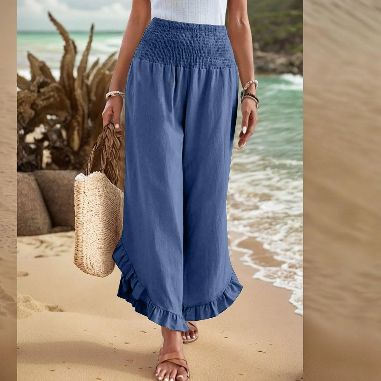 Wide Leg Womens Business Casual Pants Linen Flowy Elastic Waistd Palazzo Pants Trendy Solid Smocked Ruffle Hem Clothes
