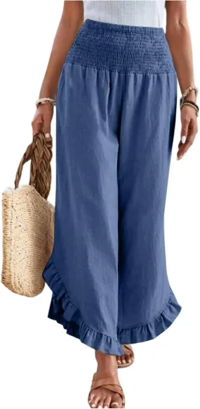 Wide Leg Womens Business Casual Pants Linen Flowy Elastic Waistd Palazzo Pants Trendy Solid Smocked Ruffle Hem Clothes