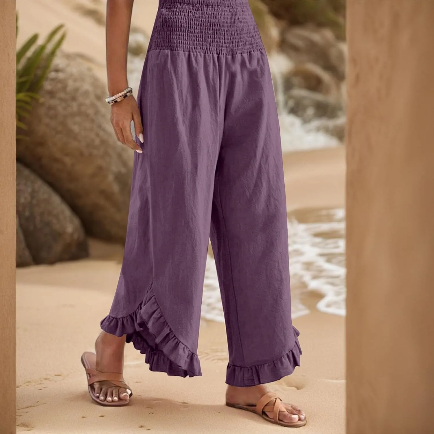Wide Leg Womens Business Casual Pants Linen Flowy Elastic Waistd Palazzo Pants Trendy Solid Smocked Ruffle Hem Clothes