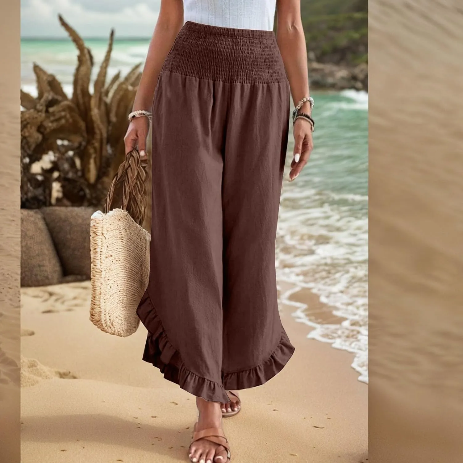 Wide Leg Womens Business Casual Pants Linen Flowy Elastic Waistd Palazzo Pants Trendy Solid Smocked Ruffle Hem Clothes