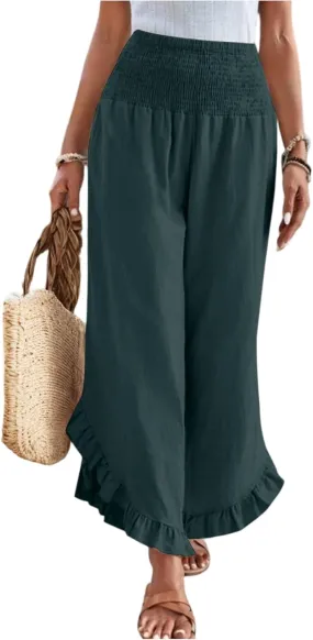Wide Leg Womens Business Casual Pants Linen Flowy Elastic Waistd Palazzo Pants Trendy Solid Smocked Ruffle Hem Clothes