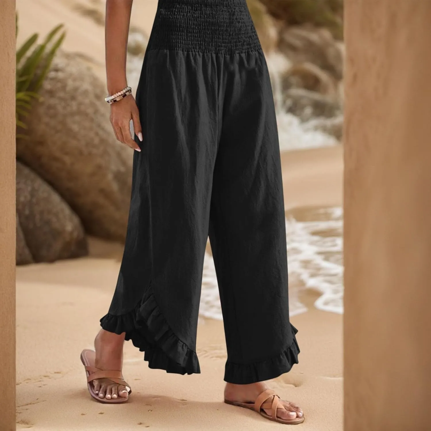 Wide Leg Womens Business Casual Pants Linen Flowy Elastic Waistd Palazzo Pants Trendy Solid Smocked Ruffle Hem Clothes