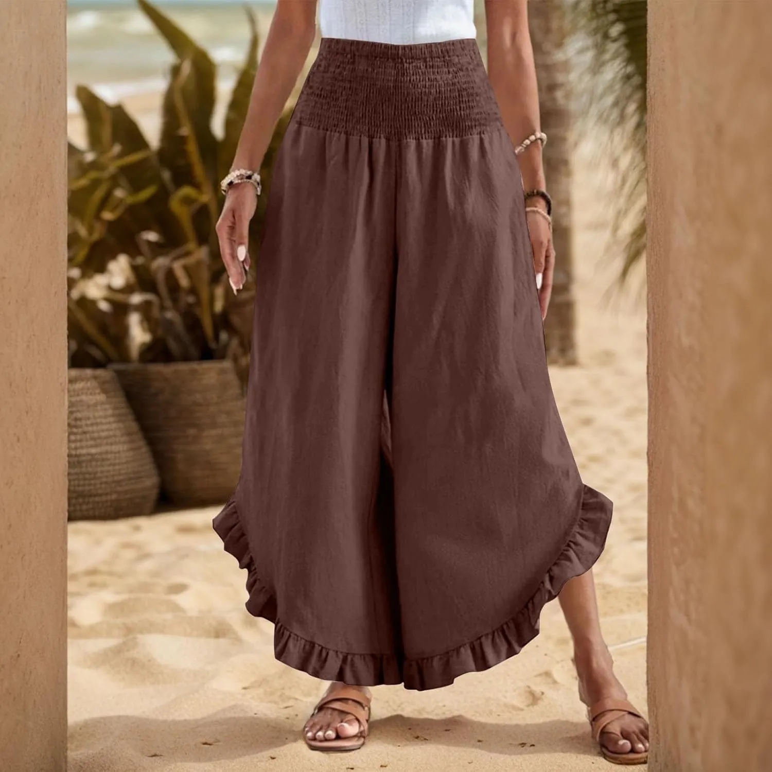 Wide Leg Womens Business Casual Pants Linen Flowy Elastic Waistd Palazzo Pants Trendy Solid Smocked Ruffle Hem Clothes