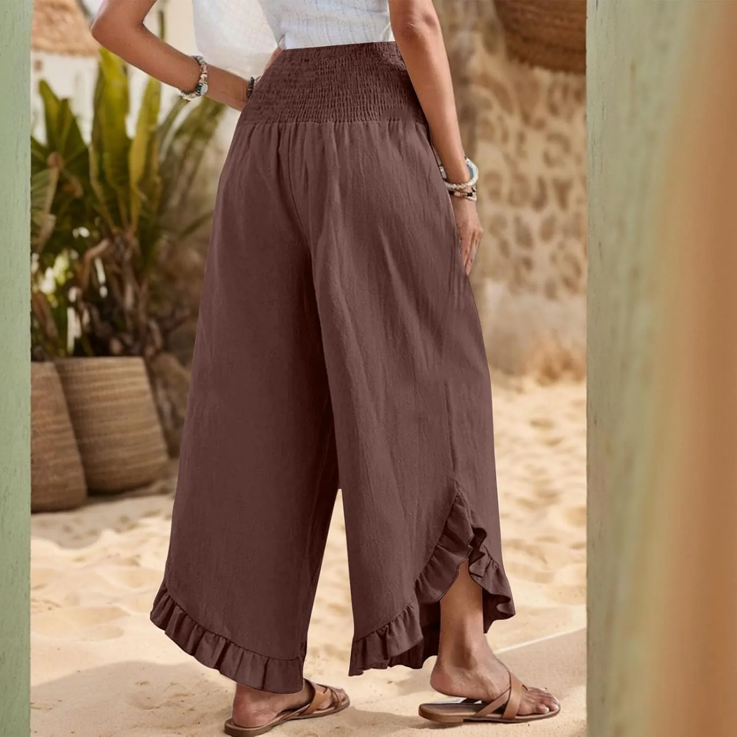 Wide Leg Womens Business Casual Pants Linen Flowy Elastic Waistd Palazzo Pants Trendy Solid Smocked Ruffle Hem Clothes